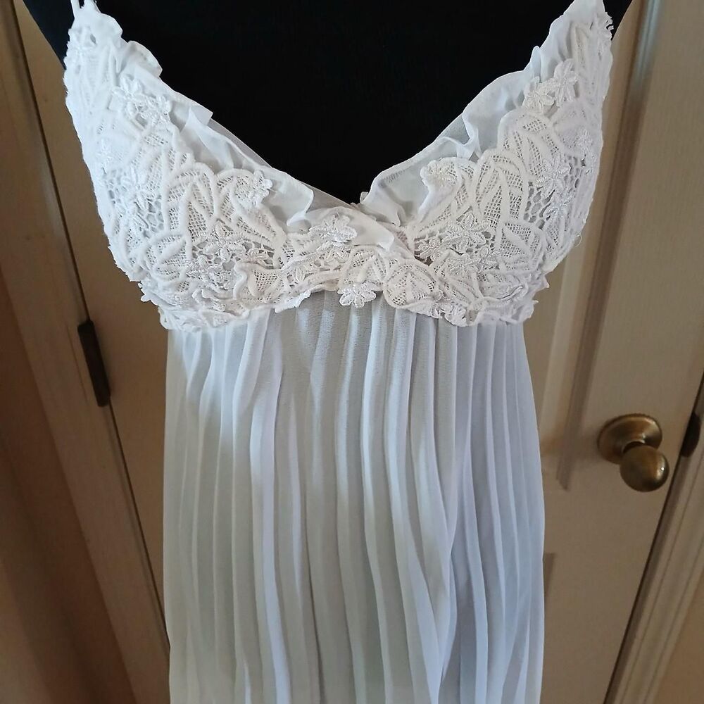 Vintage White Maxi Slip Dress Lacey Top Sheer Pleated Accordion Skirt S Coquette - Picture 6 of 8